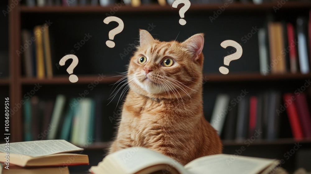 Curious Orange Cat with Question Marks Above a Book in a Library Curious Orange Cat with Question Marks Above a Book in a Library