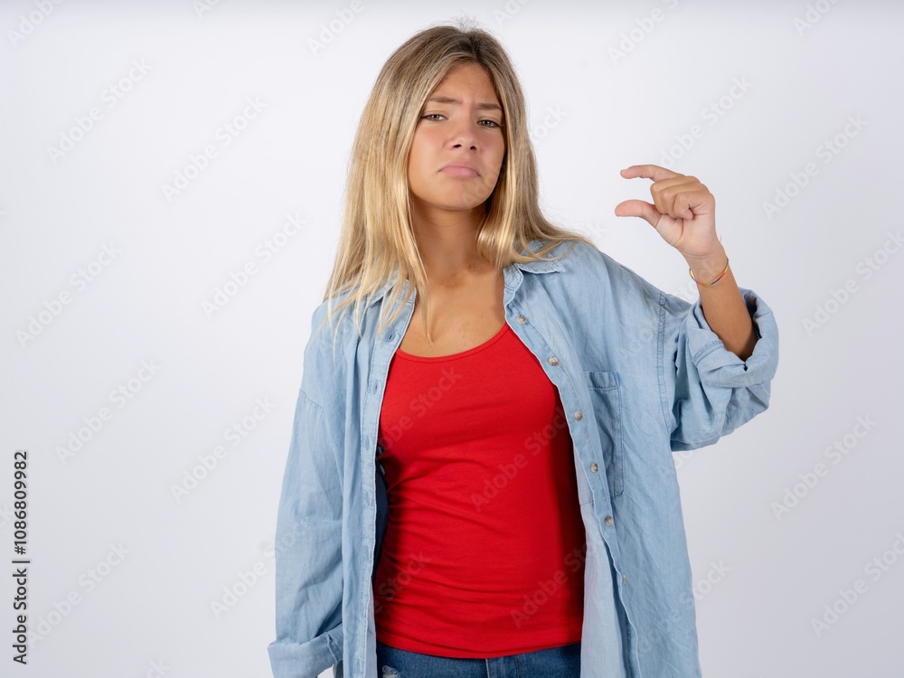 Obraz premium Displeased Beautiful teen girl wearing denim jacket shapes little hand sign demonstrates something not very big. Body language concept.