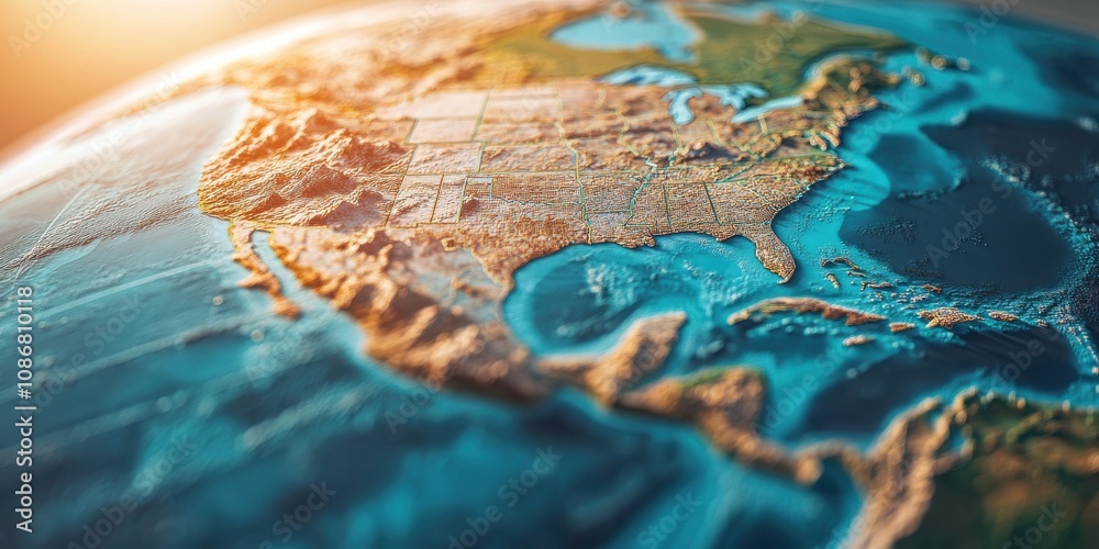 Detailed 3D Rendering of North America with Textured Landforms and Vibrant Ocean Colors Illustrating Geography and Natural Features for Educational Use Detailed 3D Rendering of North America with Textured Landforms and Vibrant Ocean Colors Illustrating Geography and Natural Features for Educational Use