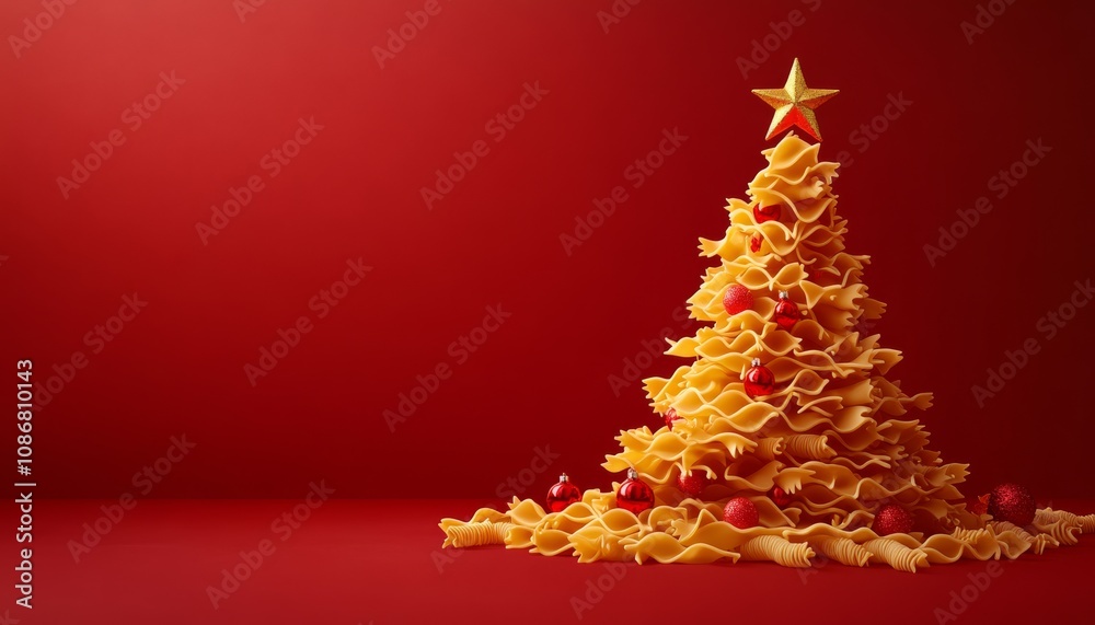 A playful Christmas tree made of colorful pasta sits against a vibrant red background, topped with a star, blending festive cheer with culinary creativity. A playful Christmas tree made of colorful pasta sits against a vibrant red background, topped with a star, blending festive cheer with culinary creativity.