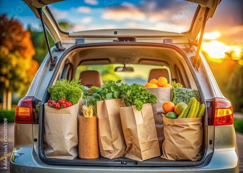 Eco-Friendly Shopping Experience: Cruft Paper Bags Filled with Discounts and Purchases in a Car Trunk, with a Bokeh Effect for a Warm, Inviting Atmosphere photo