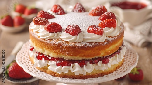 Sponge topped in whipped cream and layers of strawberry jam