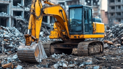 Excavator Amidst Urban Demolition