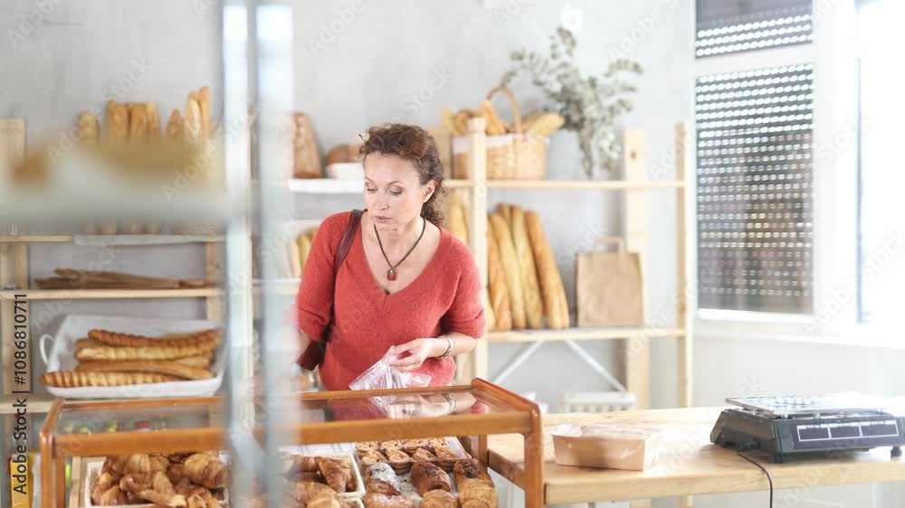 European woman bakery visitor chooses product and puts croissant with filling in plastic disposable package. Self-service store, showcase with rolls, bread, bagels, croissant crescent roll European woman bakery visitor chooses product and puts croissant with filling in plastic disposable package. Self-service store, showcase with rolls, bread, bagels, croissant crescent roll