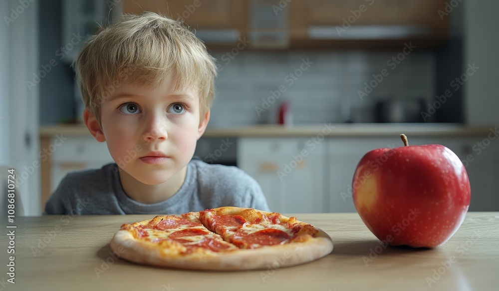 A child sits at a table, contemplating a slice of pizza next to a red apple, showcasing a choice between indulgence and healthy eating. A child sits at a table, contemplating a slice of pizza next to a red apple, showcasing a choice between indulgence and healthy eating.