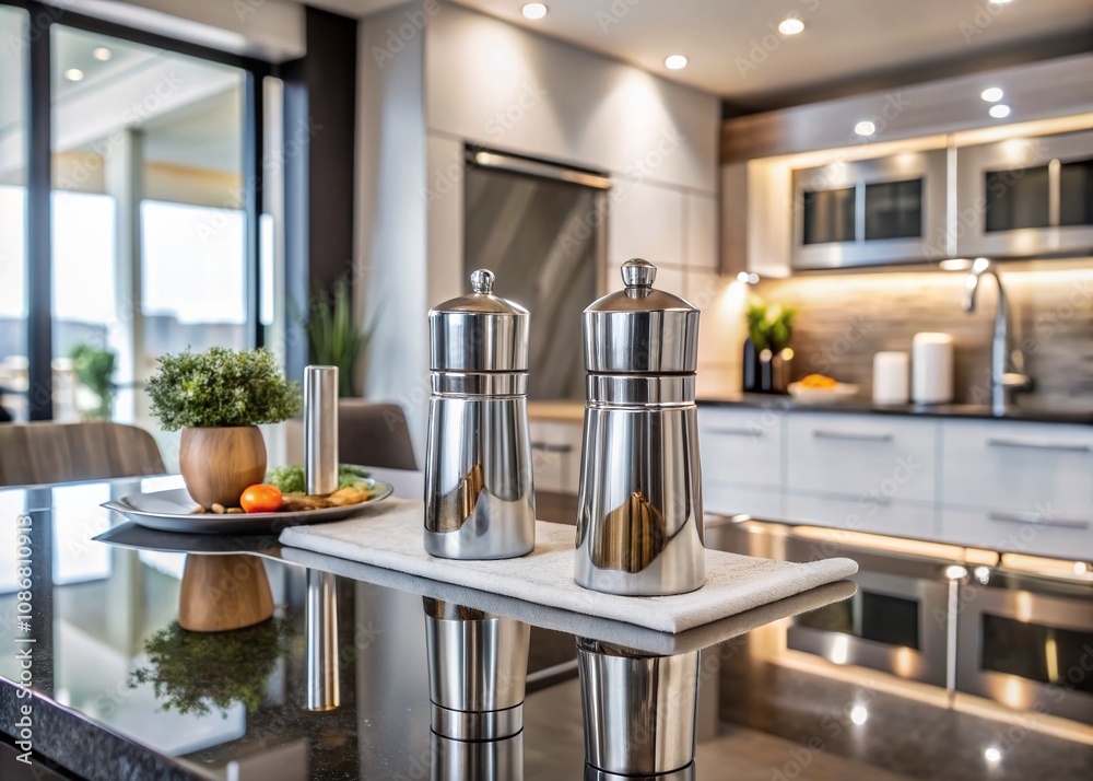 Elegant Architectural Photography of a Salt Set Displayed in a Contemporary Kitchen Setting with Stylish Utensils, Highlighting Modern Design and Minimalist Aesthetics Elegant Architectural Photography of a Salt Set Displayed in a Contemporary Kitchen Setting with Stylish Utensils, Highlighting Modern Design and Minimalist Aesthetics