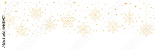 Garland of golden snowflakes and stars. Merry Christmas and Happy New Year seamless pattern. Winter template for websites, cards, greeting invitations, border, banner, header