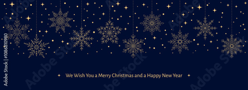 Winter illustration with golden snowflakes, snow, star in blue background. Modern universal Hand draw templates, header, banner in line art style. Horizontal Merry Christmas and Happy New Year backdro