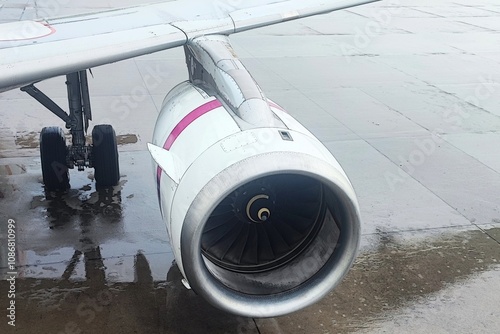 The engine of the aircraft while the plane is parked at the airport. It's raining. Aviation safety concept. photo