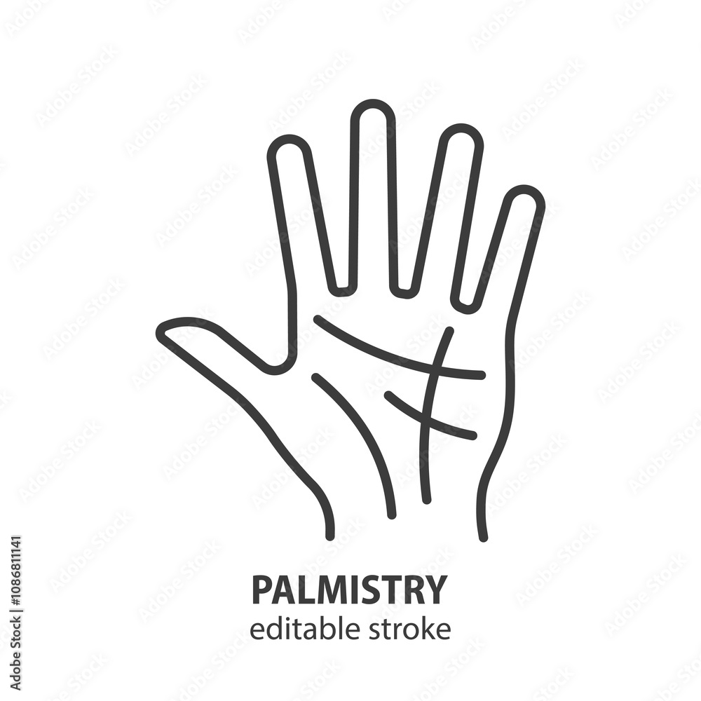 Palmistry line icon. Hand with lines symbol. Palm reading. Editable stroke. Vector illustration.
