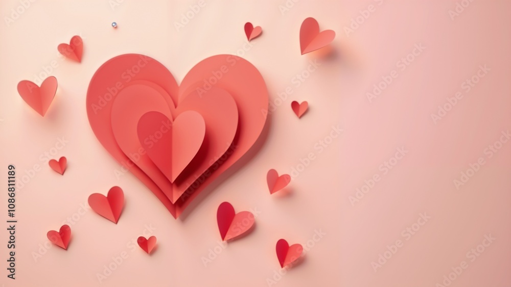 Colorful paper hearts arranged beautifully against a soft pink background for a romantic celebration or heartfelt occasion Colorful paper hearts arranged beautifully against a soft pink background for a romantic celebration or heartfelt occasion