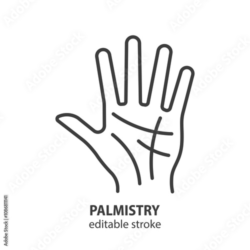 Palmistry line icon. Hand with lines symbol. Palm reading. Editable stroke. Vector illustration.