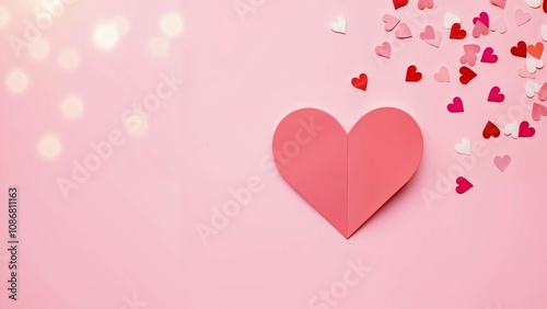 Charming pink heart surrounded by small colorful paper hearts on a soft pastel background creating a romantic and festive atmosphere for special occasions