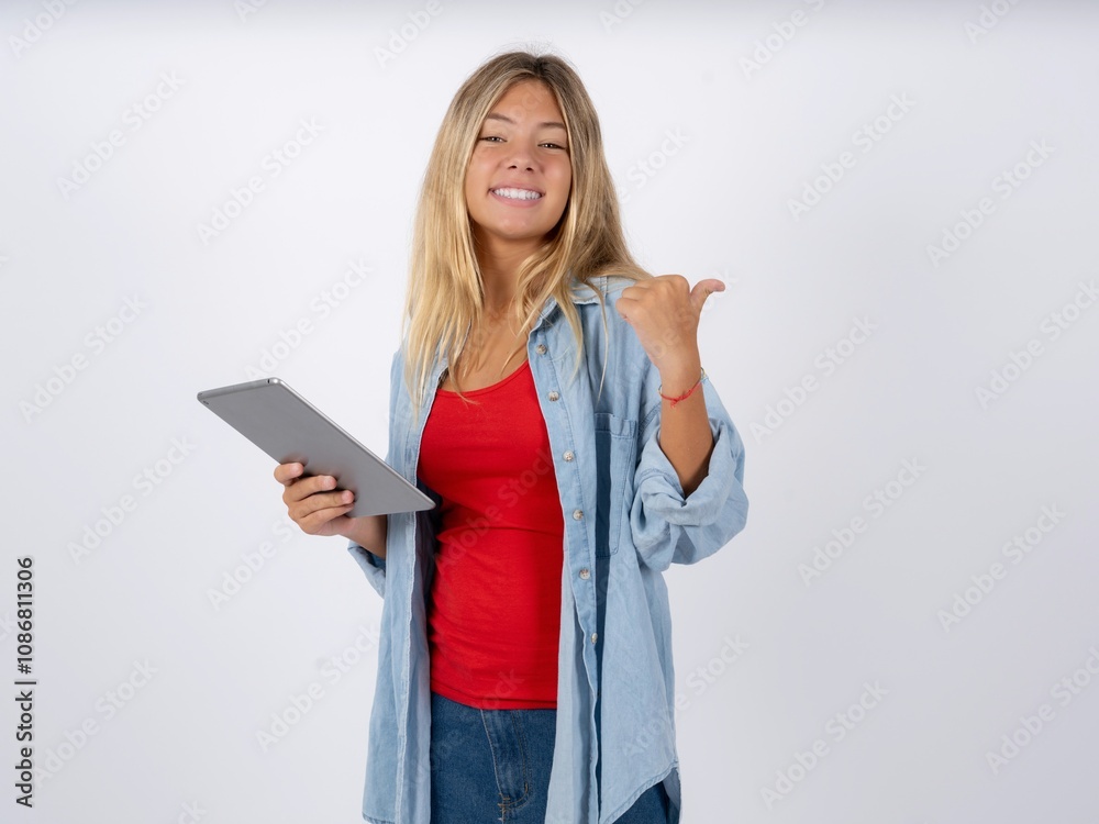 Beautiful teen girl wearing denim jacket pointing empty space modern device Beautiful teen girl wearing denim jacket pointing empty space modern device
