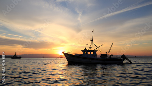 3765934358-mdjrny-v4 style Fishing boat at sunset time. Le Morn Brabant on background___ ### frame, border, ugly, fat, overweigh photo