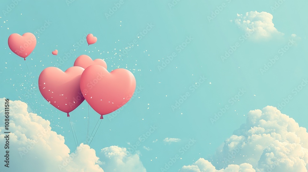 A serene sky featuring pink heart-shaped balloons drifting among fluffy clouds, evoking feelings of love and joy. A serene sky featuring pink heart-shaped balloons drifting among fluffy clouds, evoking feelings of love and joy.