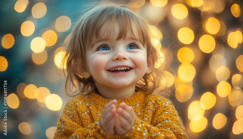A joyful toddler in a yellow sweater smiles brightly against a backdrop of warm, glowing lights, exuding happiness and innocence. A joyful toddler in a yellow sweater smiles brightly against a backdrop of warm, glowing lights, exuding happiness and innocence.