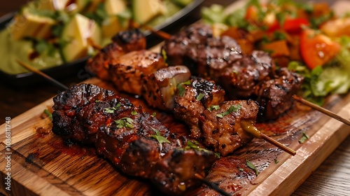 Steak and chicken fried tikka spears with avocado lettuce and peanut dip