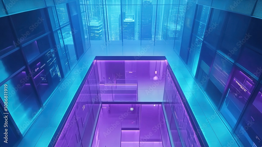Obraz premium High-Angle Top-Down View of a Cyberpunk-Inspired Abstract Architectural Space Featuring Neon Purple and Blue Lights, Ideal for 3D Product Display in a Minimalistic Futuristic City Skyline Background, 