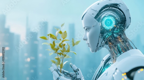 Futuristic robot holding a small green plant against a modern cityscape, symbolizing technology and environmental responsibility.