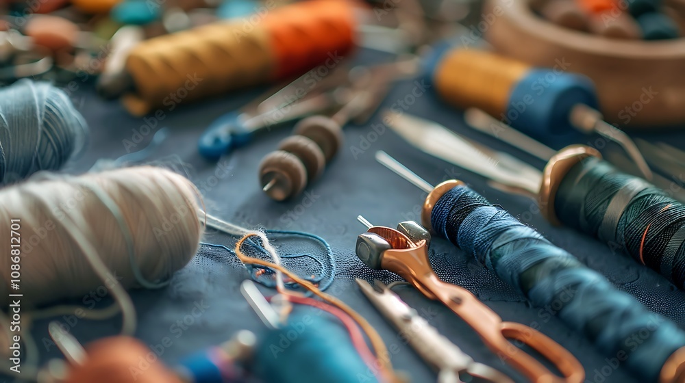 Stitching tools placed at an angle close to the the top right Stitching tools placed at an angle close to the the top right