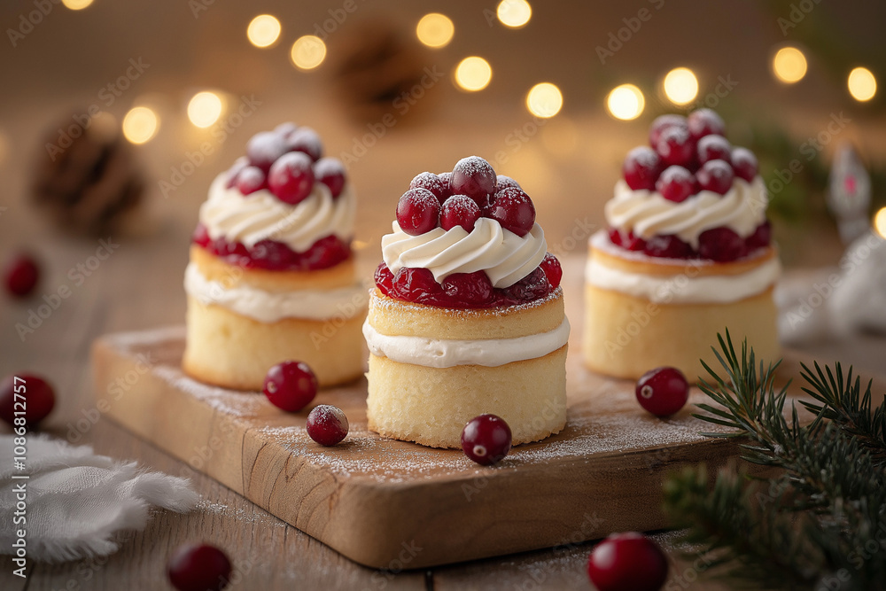 Cranberry holiday desserts with cream and festive lights Cranberry holiday desserts with cream and festive lights