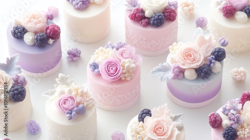 Pastel mini cakes decorated with berries and floral designs on a white background, representing elegance, dessert art, and celebrations.