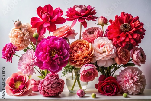 Elegant Display of Vibrant Faux Oversized Flowers in Shades of Pink and Red Against a White Backdrop for Decorative Purposes and Floral Inspiration