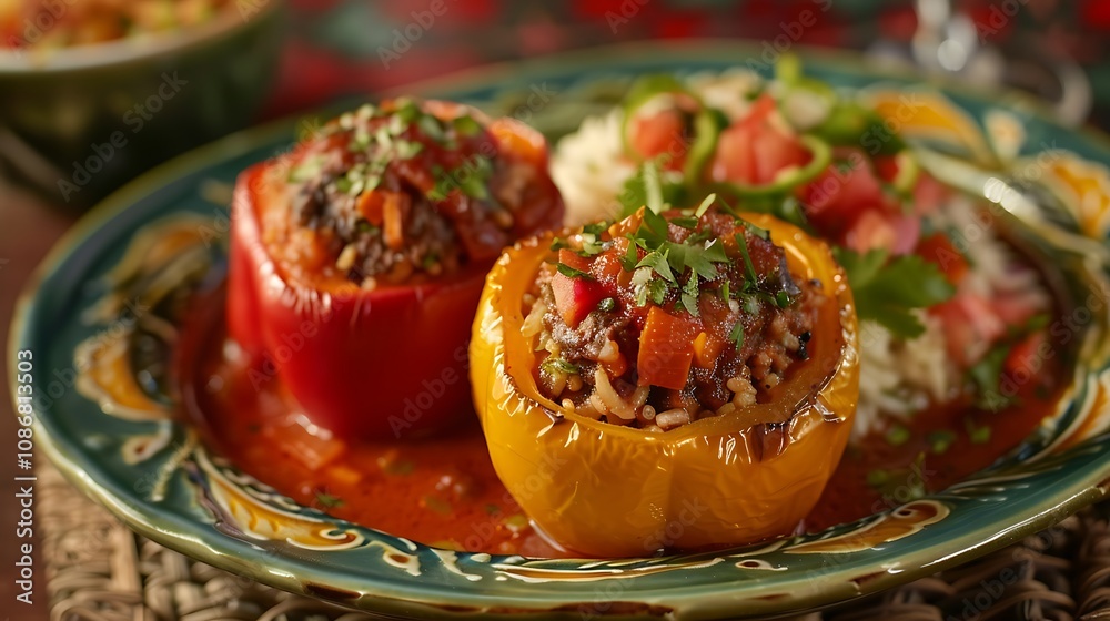 Stuffed bell peppers served with rice and salsa on the side Stuffed bell peppers served with rice and salsa on the side