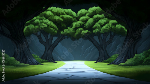 A digital paintbrush-style fantasy artwork depicting an ancient sacred grove where massive trees mark memorial sites photo