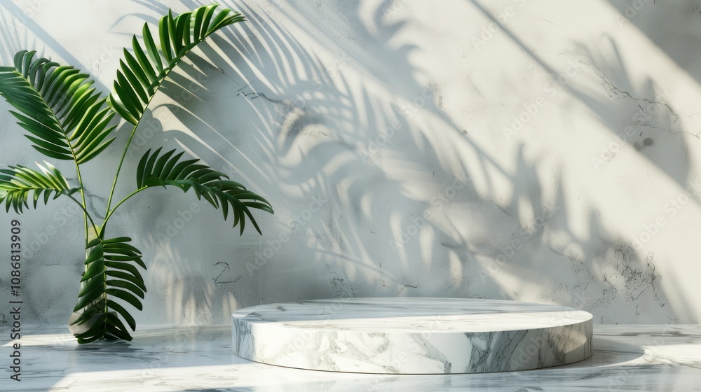 photograph of Luxury empty marble podium with tropical leaves and plant shadow photograph of Luxury empty marble podium with tropical leaves and plant shadow