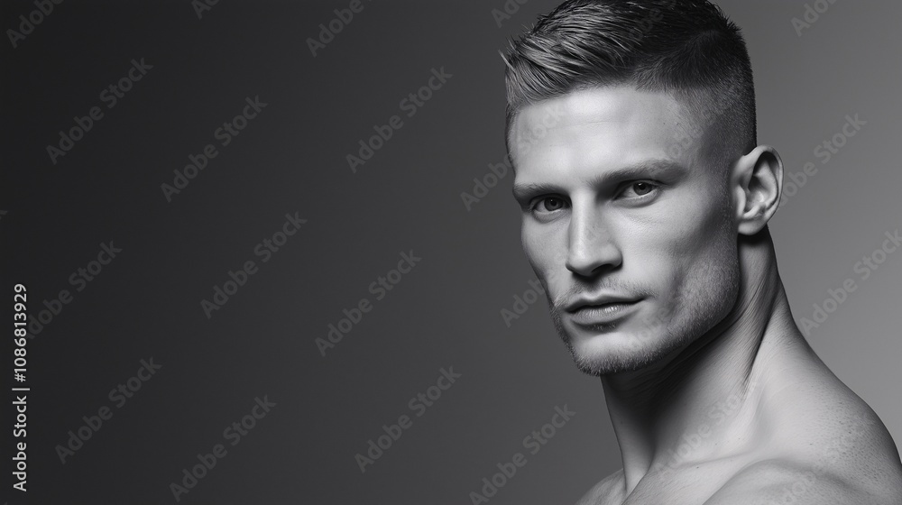 Striking Black and White Portrait of a Male Model Featuring a Trendy Fade Hairstyle and Chiseled Features in a Minimalist Setting Striking Black and White Portrait of a Male Model Featuring a Trendy Fade Hairstyle and Chiseled Features in a Minimalist Setting