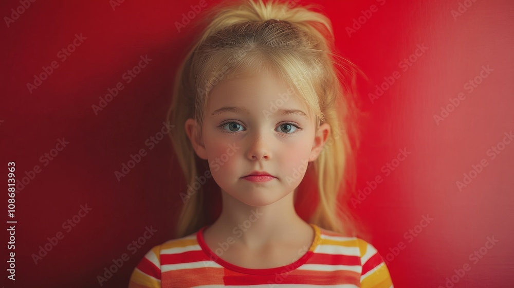 A young girl with blonde hair stands against a vibrant red background, wearing a striped shirt, displaying a serious expression. A young girl with blonde hair stands against a vibrant red background, wearing a striped shirt, displaying a serious expression.