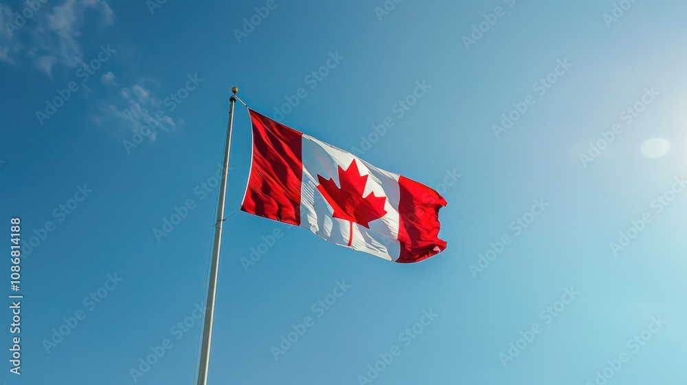 photograph of Majestic Canadian Flag Fluttering Proudly in the Wind Against Clear Blue Sky - High Detail Patriotic Shot with Vibrant Colors,international Canada day photograph of Majestic Canadian Flag Fluttering Proudly in the Wind Against Clear Blue Sky - High Detail Patriotic Shot with Vibrant Colors,international Canada day