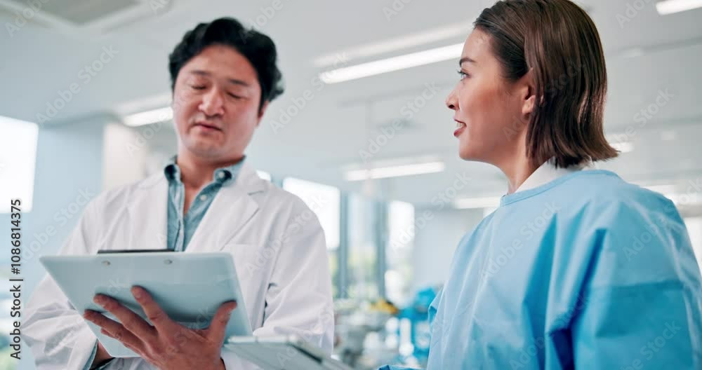 Japanese doctors, talking and tablet for teamwork in medical research, examination and healthcare. Physician, people and clipboard for nursing, wellness and results in hospital or clinic for medicine Japanese doctors, talking and tablet for teamwork in medical research, examination and healthcare. Physician, people and clipboard for nursing, wellness and results in hospital or clinic for medicine