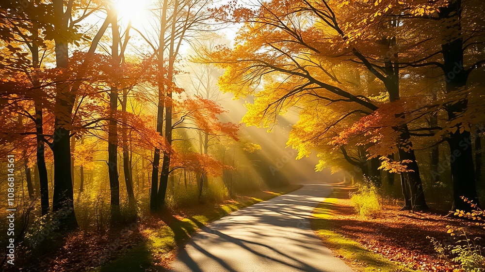 A Winding Road Through a Sunlit Autumnal Forest, Bathed in Golden Light, with Fallen Leaves Scattered on the Ground and Long Shadows Cast by the Trees A Winding Road Through a Sunlit Autumnal Forest, Bathed in Golden Light, with Fallen Leaves Scattered on the Ground and Long Shadows Cast by the Trees