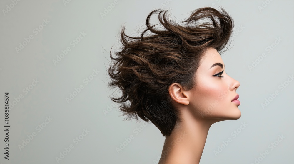 Creative and Stylish Hair in Motion: A Profile View of a Model Showcasing a Dynamic, Fluffy, and Modern Haircut with a Playful Flair