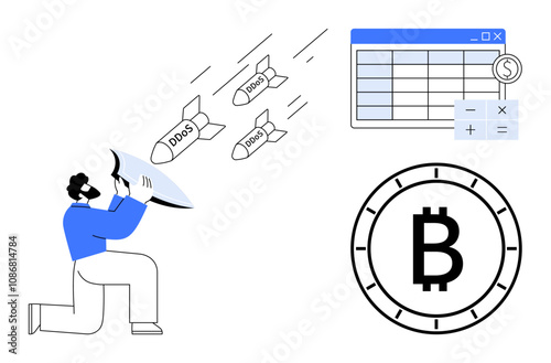 Man uses shield to protect against incoming DDoS missiles, near a spreadsheet with currency symbols, next to Bitcoin symbol. Ideal for cybersecurity, financial security, cryptocurrency, risk