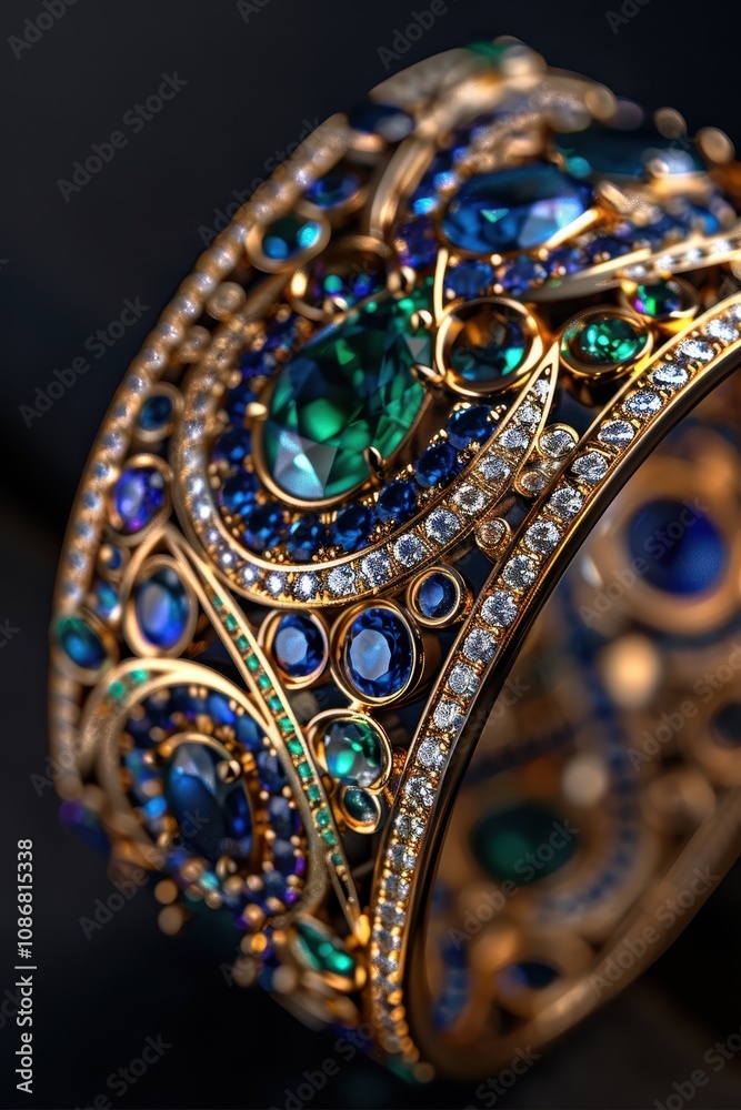 A stunning gold bracelet adorned with intricate patterns and colorful gemstones, showcasing luxury and elegance. A stunning gold bracelet adorned with intricate patterns and colorful gemstones, showcasing luxury and elegance.