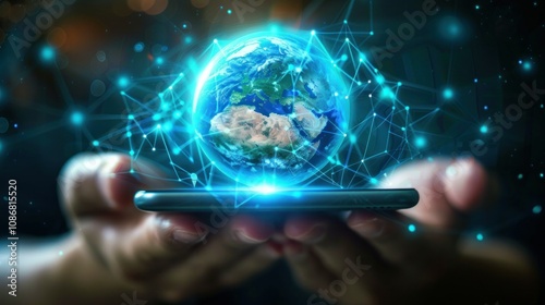 photograph of Mobile global internet communications, World wide web on phone via wireless satellite network technology, Smartphone digital connection at clouds services of all earth ,