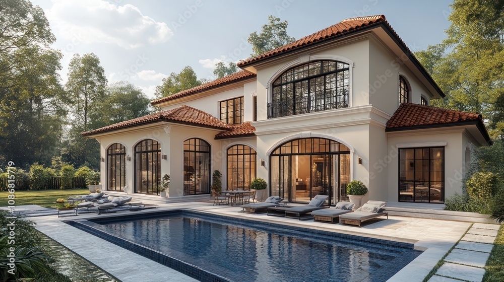 A 3D luxury villa with large outdoor spaces, detailed roof tiles, and floor-to-ceiling windows. A 3D luxury villa with large outdoor spaces, detailed roof tiles, and floor-to-ceiling windows.