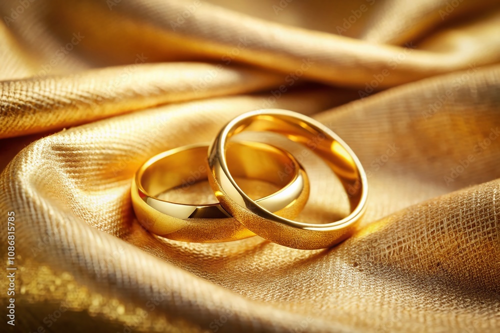 Elegant Panoramic Capture of Two Shining Gold Wedding Rings on a Soft Fabric Background, Perfect for Celebrating Love and Commitment in Weddings or Engagements Elegant Panoramic Capture of Two Shining Gold Wedding Rings on a Soft Fabric Background, Perfect for Celebrating Love and Commitment in Weddings or Engagements