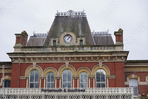 Exterior of Portsmouth & Southsea railway station in Hampshire England. Travel and public transport destination