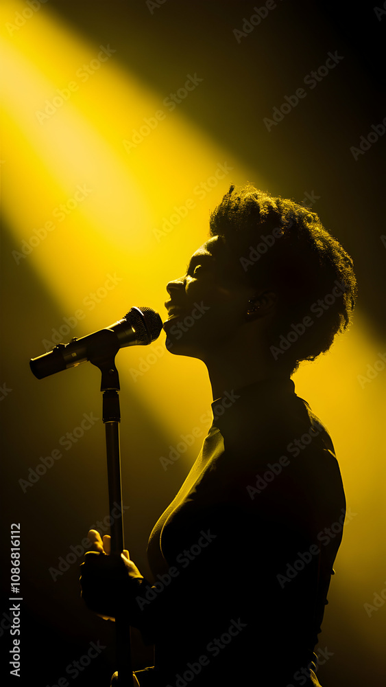 silhouette of a singer with mic yellow background silhouette of a singer with mic yellow background
