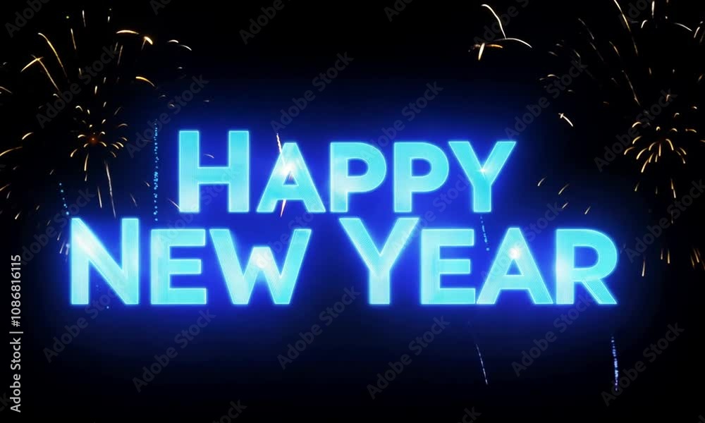 Animation of happy new year text in blue with yellow fireworks on black background Animation of happy new year text in blue with yellow fireworks on black background