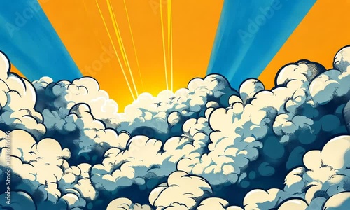 Dynamic stylized cloudscape with vibrant orange and blue rays bursting from behind.