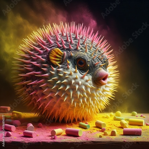 Pufferfish's Defense A pufferfish puffed up with spikes explodin photo