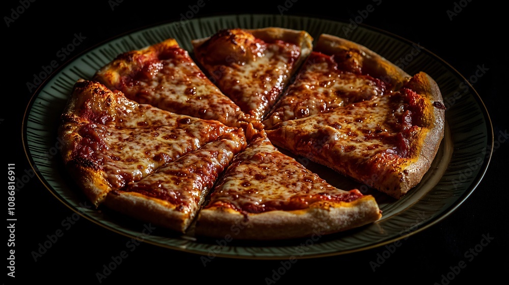 Delicious Close-Up of Cheesy Pizza Slices on Dark Background Against Elegant Plate, Perfect for Food Photography and Culinary Art Projects Delicious Close-Up of Cheesy Pizza Slices on Dark Background Against Elegant Plate, Perfect for Food Photography and Culinary Art Projects