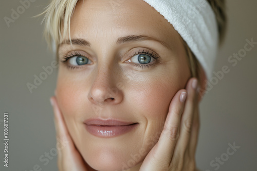 Woman with glowing skin and headband in natural light