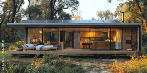 Modern tiny house with solar panels, nestled in a tranquil forest setting. Large windows showcase a warm, inviting interior.